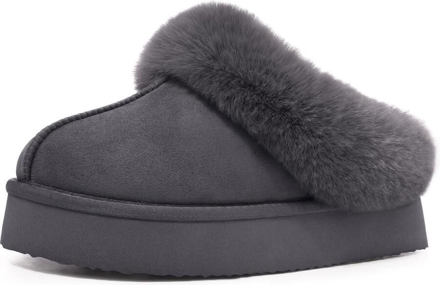 Homaxy Pantoffels Dames Suède Zachte Winterpantoffels Fluffy Open Sloffen met Pluche Voering Dikke zool Grijs 36-37 Geschikt voor voetlengte van