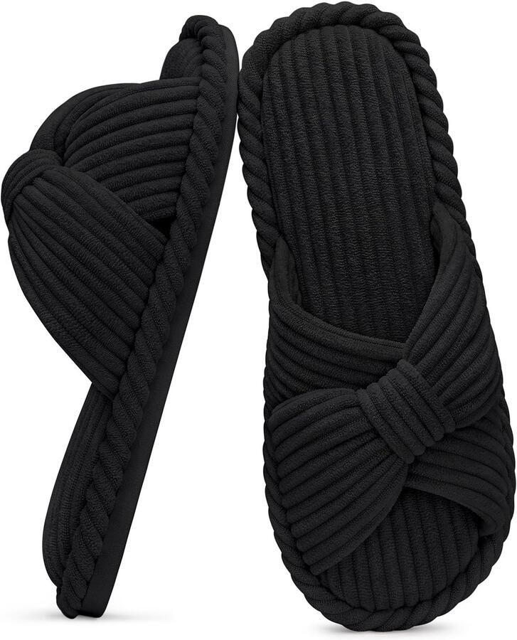 Homaxy Sloffen Corduroy slippers Open teenslippers Pantoffels voor dames met memory foam zwart 260 Geschikt voor een voetlengte van