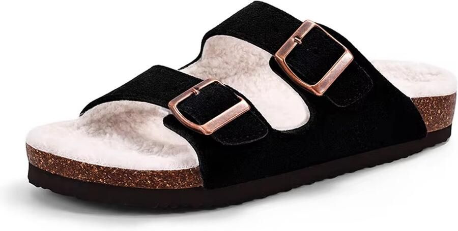 Homaxy uniseks sandalen suède nep-lammy slippers houten klompen zwart
