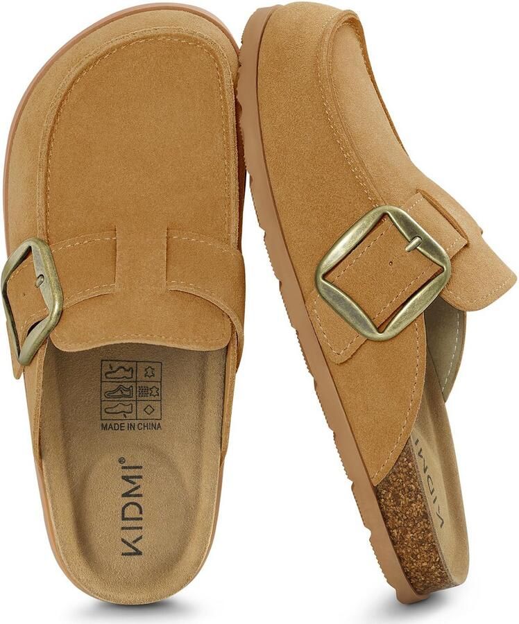 Homaxy Unisex Clogs Koe suède Houten clogs Comfort slippers Met Voetboogsteun Kastanje 37- Geschikt voor een voetlengte van
