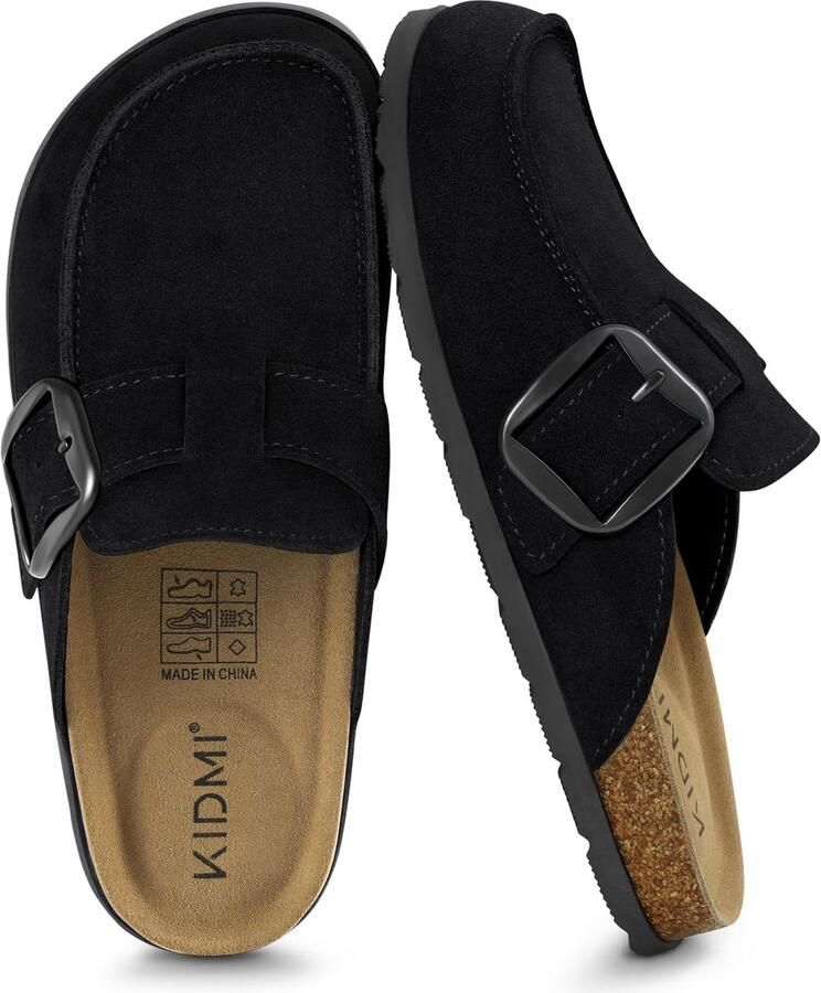 Homaxy Unisex Clogs Koe suède Houten clogs Comfort slippers Met Voetboogsteun Zwart 40- Geschikt voor een voetlengte van