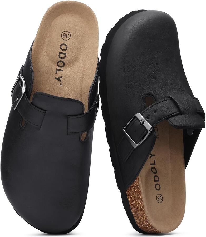 Homaxy Unisex clogs Veganistisch Leer Comfort slippers Houten clogs Zwart 44- Geschikt voor een voetlengte van