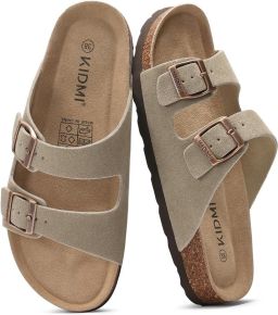 Homaxy Unisex Sandalen Suède Dames Slippers- Houten Clogs Damesslippers met kurken voetbed Zwart Beigegrijs 44 Geschikt voor een voetlengte van