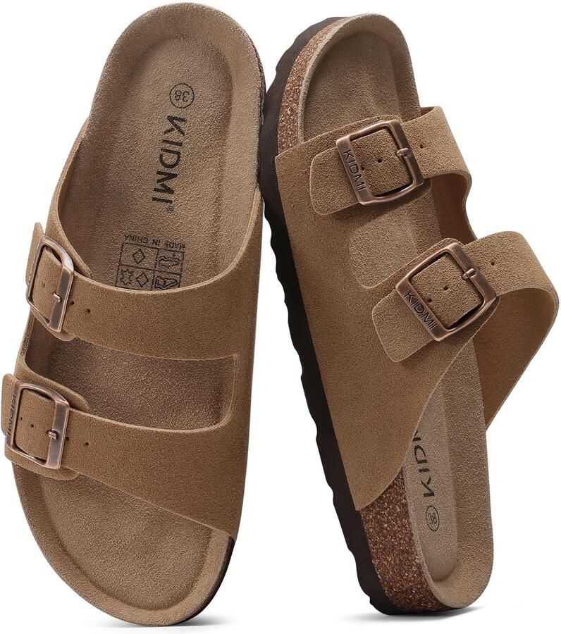 Homaxy Unisex Sandalen Suède Dames Slippers- Houten Clogs Damesslippers met kurken voetbed Zwart Kastanjebruin 41 Geschikt voor een voetlengte van
