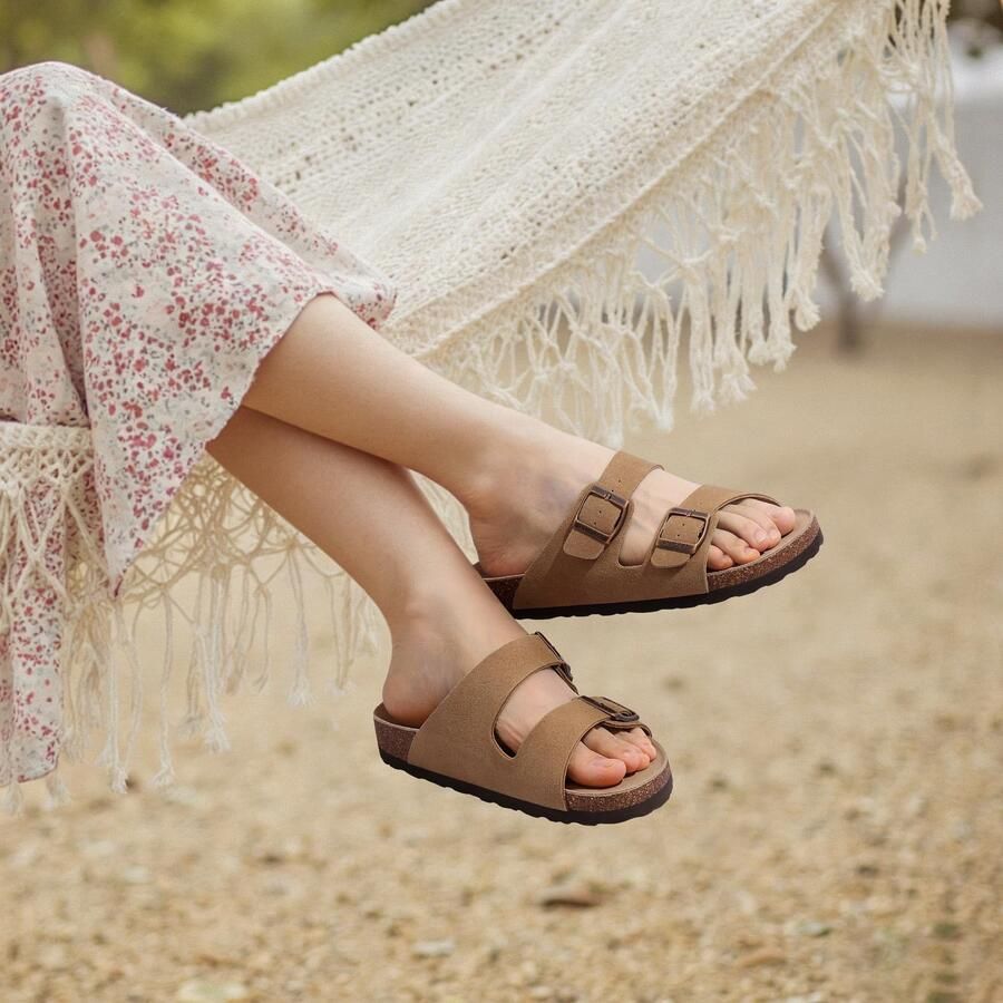Homaxy Unisex Sandalen Suède Dames Slippers- Houten Clogs Damesslippers met kurken voetbed Zwart Kastanjebruin 39 Geschikt voor een voetlengte van