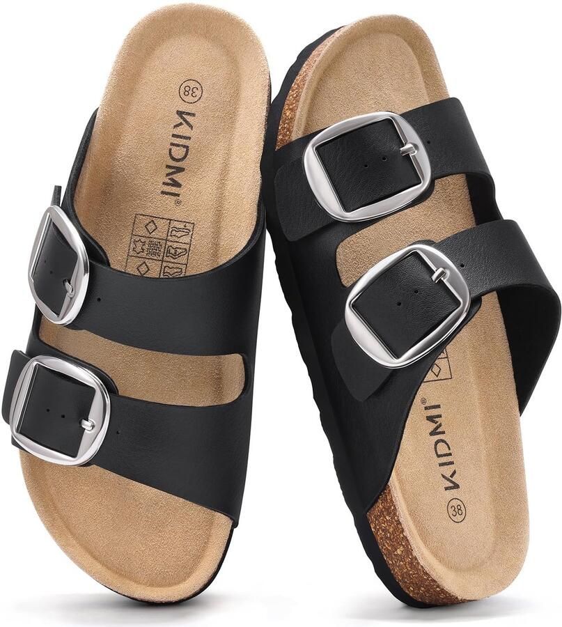 OLANLY Unisex sandalens PU bovenkant schoenen Met kurken zool slippers– Houten sandalens Zwart 37- Geschikt voor een voetlengte van