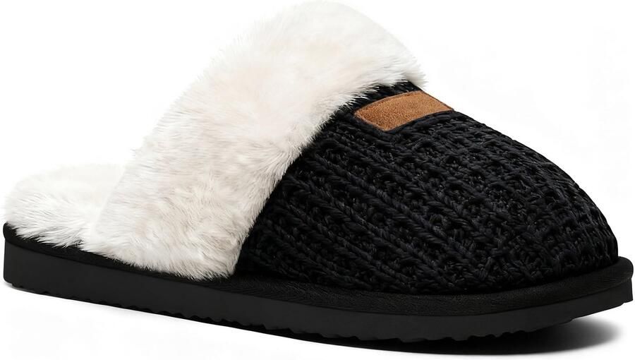 Homaxy Zachte pluche katoenen pantoffels Warme huisslippers antislip winterslippers Casual platte schoenen zwart 44 45 Geschikt voor een voetlengte van