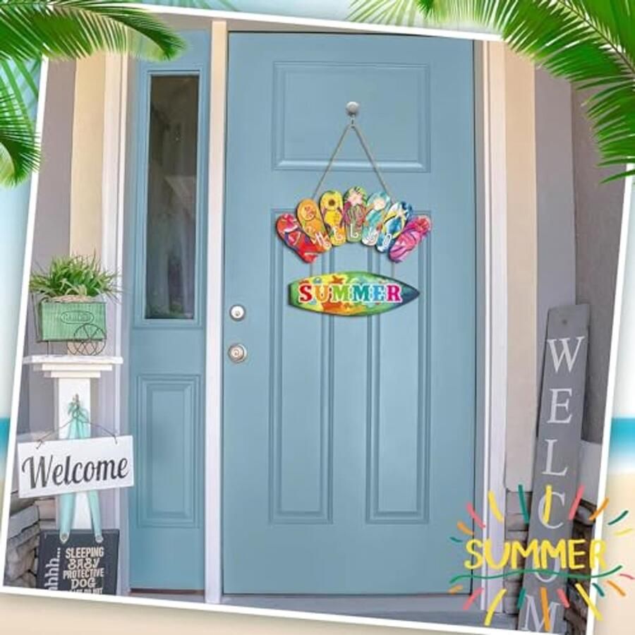 Houten Deurbord Zomerdecoratie Vrolijke Slippers en Surfplank