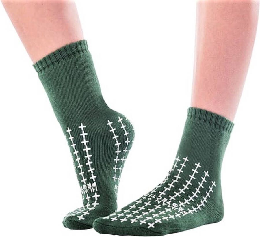 Hu Protection Antislip Sokken Valpreventie voor Ziekenhuis & Thuis Disposable Dubbele Grip Groen Geel Maten S M L Latexvrij 80% Katoen 20% Polyester Per Paar