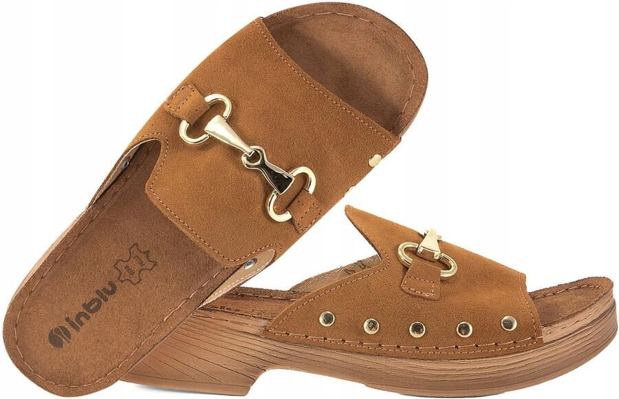 Inblu Dames Klompen Leer Hak Zacht PU Camel