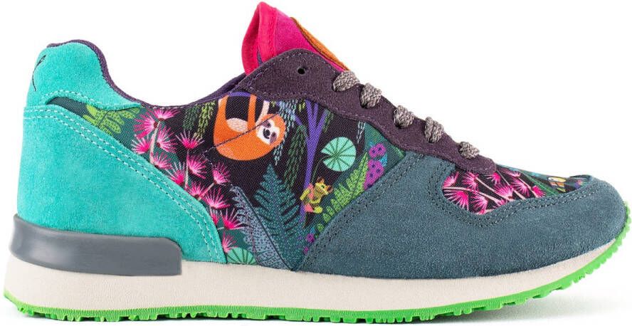 Inkkas Bahia dames sneaker comfortabele suède sneaker met jungleprint groen paars oranje