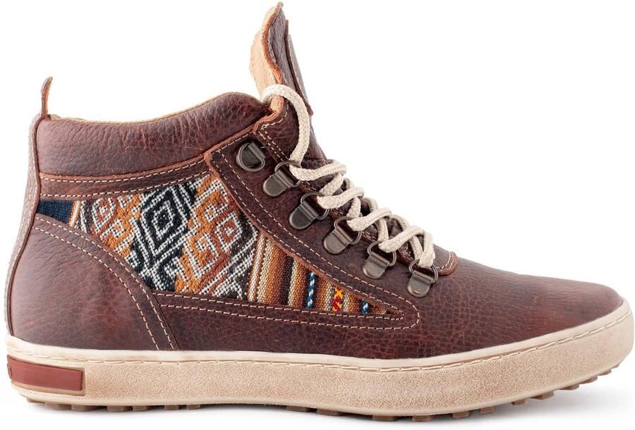 Inkkas Brown Leather Camping Boot dames sneaker– bruine leren hiking sneaker met handgeweven Peruaanse textiel inleg comfortabele wandelschoen