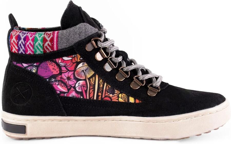 Inkkas Chanterelle Camping Boot dames wandelschoen zwarte suède hiking boot met paddenstoelenprint leren voering robuuste & duurzame profielzool