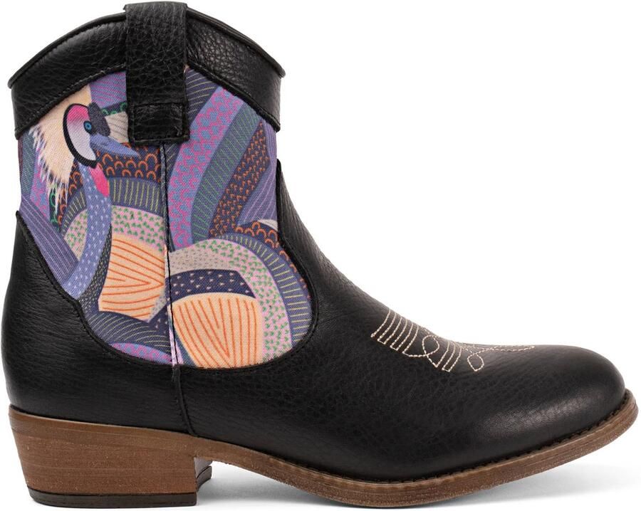 Inkkas Coronet Western Boot dames laars zwarte leren westernlaars met kraanvogel-borduursel mid-hoog model met hak comfortabele padded inlegzool