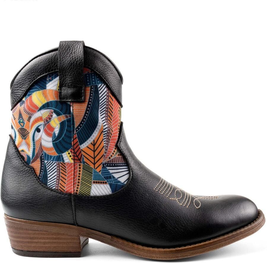 Inkkas Cyprus Western Boot dames laars bruine leren westernlaars met berg- & mouflon motief turquoise details mid-hoog model met comfortabele hak