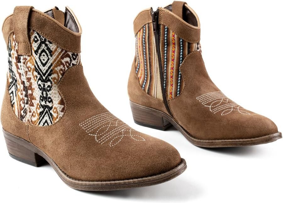 Inkkas Desert Western Boot dames cowboylaars lichtbruine suède Western enkellaars met authentiek Peruaans textiel & rubberzool comfortabele hak duurzame keuze