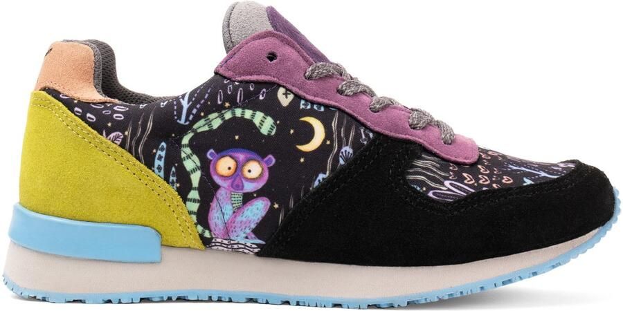 Inkkas Loomi dames sneaker comfortabele suède sneaker met lemur-print zwart pastel