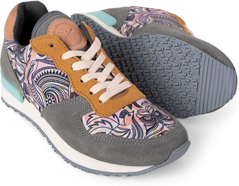 Inkkas Manu dames sneaker comfortabele suède sneaker met vogelprint crème lila zalm - Foto 2