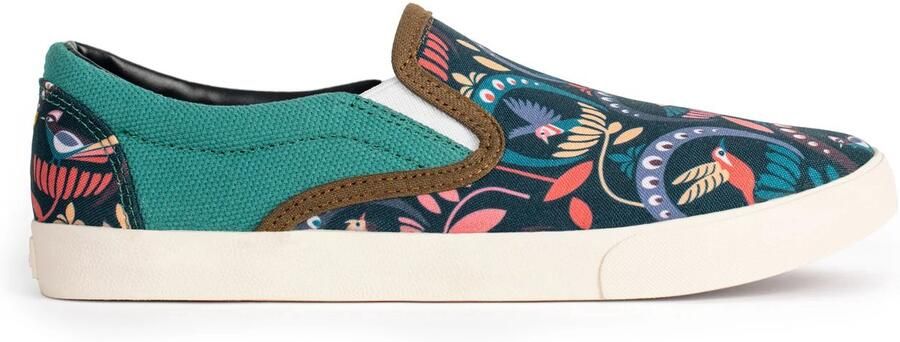 Inkkas Passerine dames Vegan Slip On comfortabele slip-on sneaker met zangvogelprint groen rozerood geel lichtgewicht & 100% Vegan