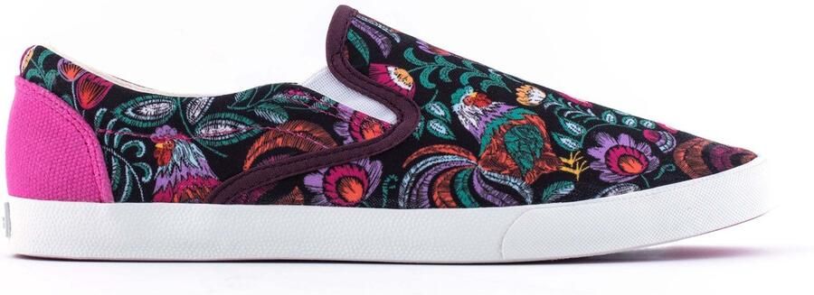 Inkkas Rooster dames Vegan Slip On kleurrijke slip-on sneaker met hanen- & bloemenprint lichtgewicht canvas 100% Vegan