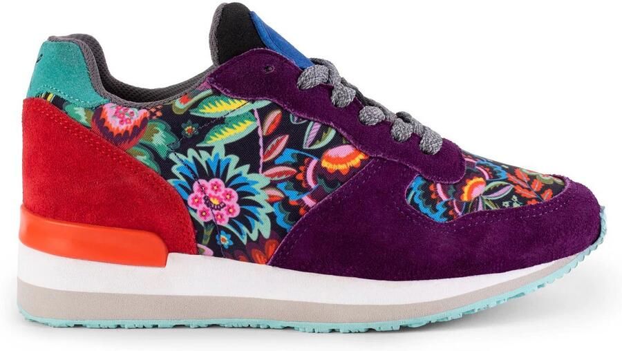 Inkkas Saras Cush dames sneaker comfortabele suède jogger met Japanse bloemprint lichtblauw roze extra dempende CUSH zool