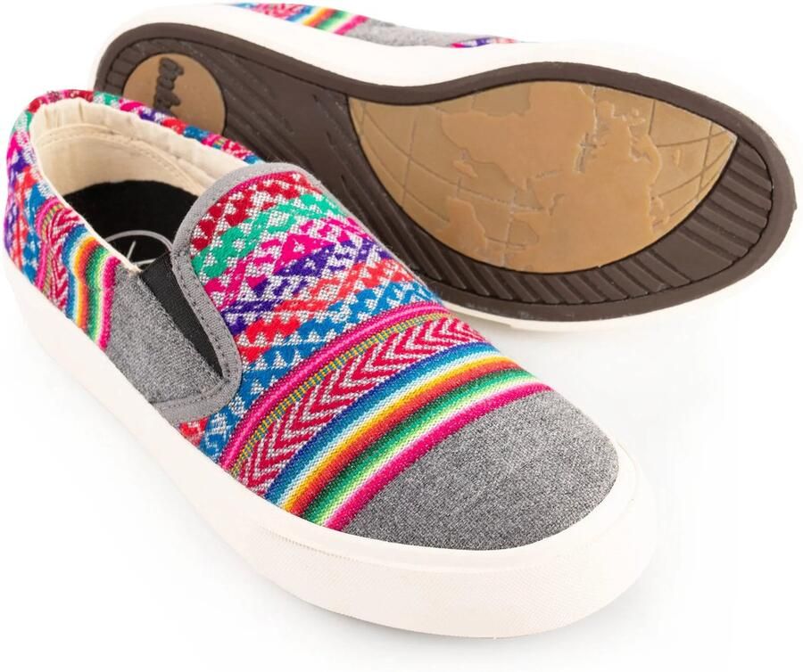 Inkkas Slate dames Vegan Slip On comfortabele canvas slip-on sneaker met kleurrijke Peruaanse print op grijs lichtgewicht & 100% Vegan