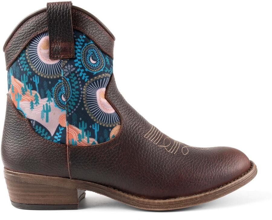Inkkas Socorro Western Boot dames laars bruine leren westernlaars met woestijnprint blush teal mid-hoog model met comfortabele hak