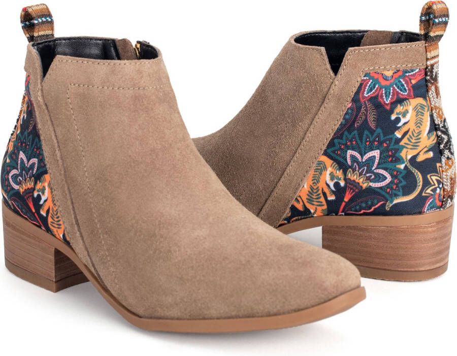 Inkkas Yuuki Bootie Dames Enkellaars Suede Natuur Print Rubberzool