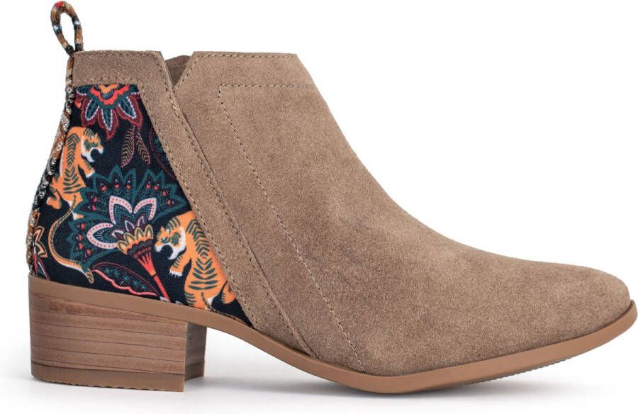 Inkkas Yuuki Bootie Dames Enkellaars Suede Natuur Print Rubberzool