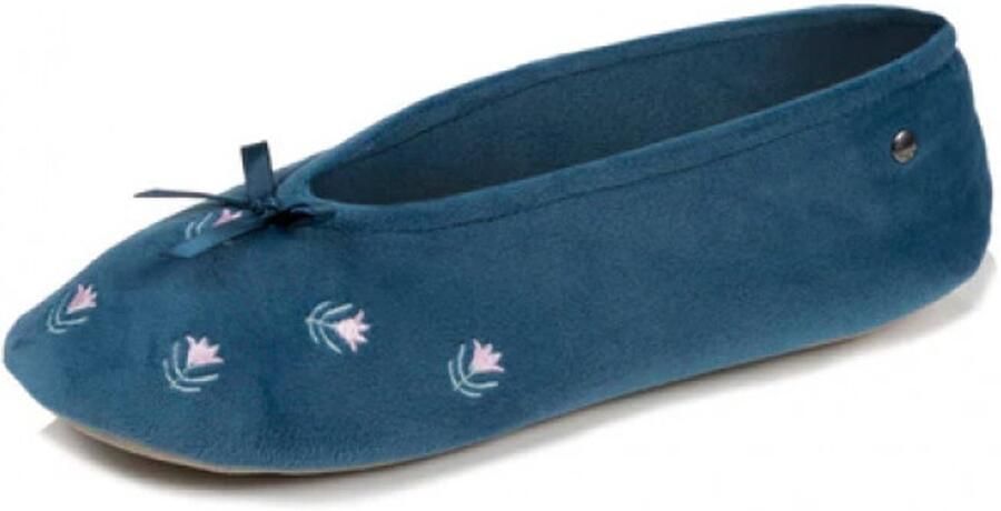 Isotoner Dames Ballerina Pantoffel Bleu Canard Fleurs Blauw