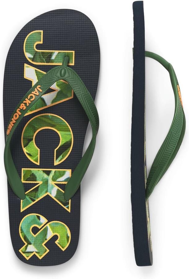 JACK & JONES Heren Teenslippers JFWLOGO Palm Print Donkerblauw Groen