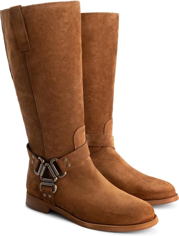 Jilsen Dames Laarzen Brede Schacht en Laarzen Brede Kuiten Noa Suede in Cognac Kuitomtrek