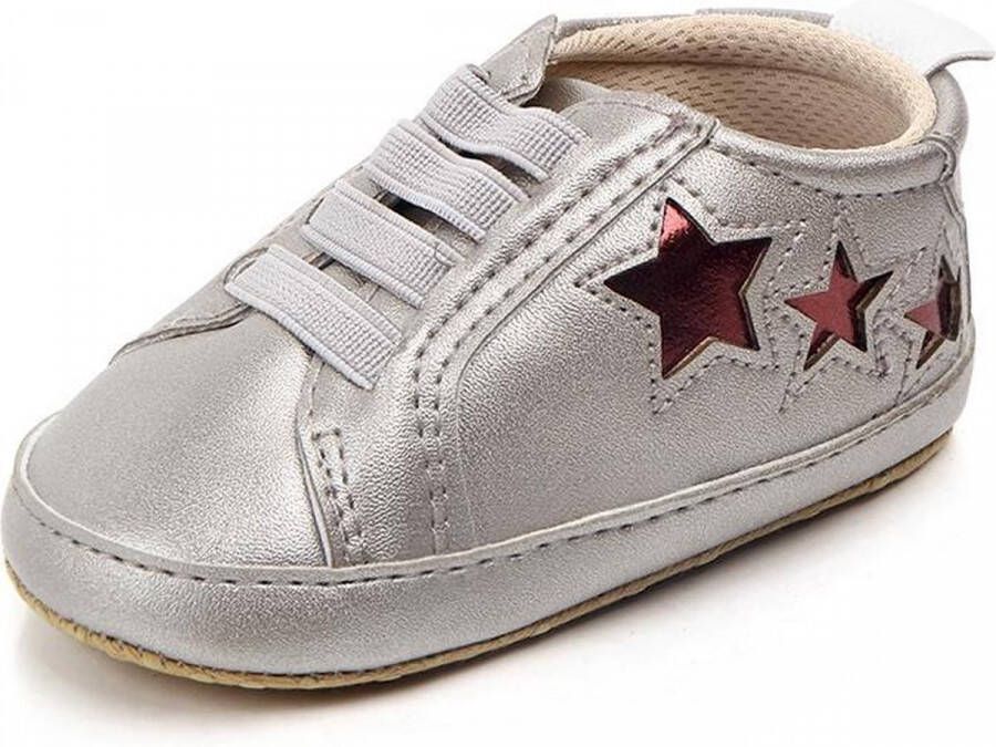 Jodeledokie Zilveren sneakers met rode sterren Kunstleer Zachte zool 12 tot 18 maanden