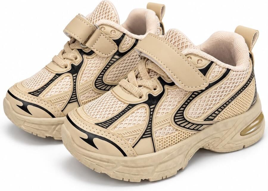 Jongens Sneakers Beige Lichtgewicht Kinderschoenen met Klittenband en Veters Comfortabele Casual Schoenen