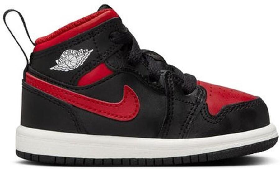 Jordan 1 Mid Zwart Summit White Varsity Red Zwart Wit Air 1 Lifestyle Kinder Sneakers voor en Doos zonder deksel
