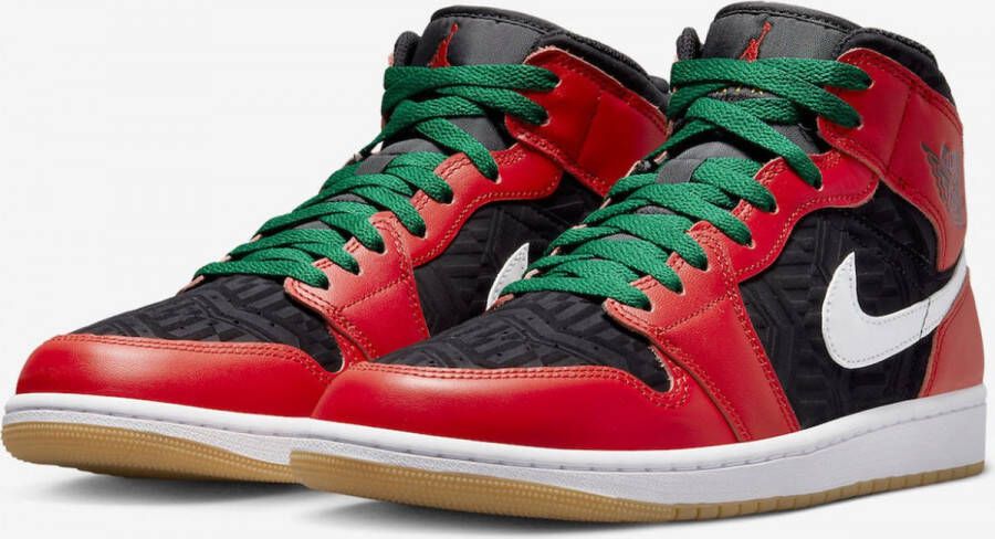 Nike Air Jordan 1 Mid SE 45.5 Zwart Wit Malachite Fire Red
