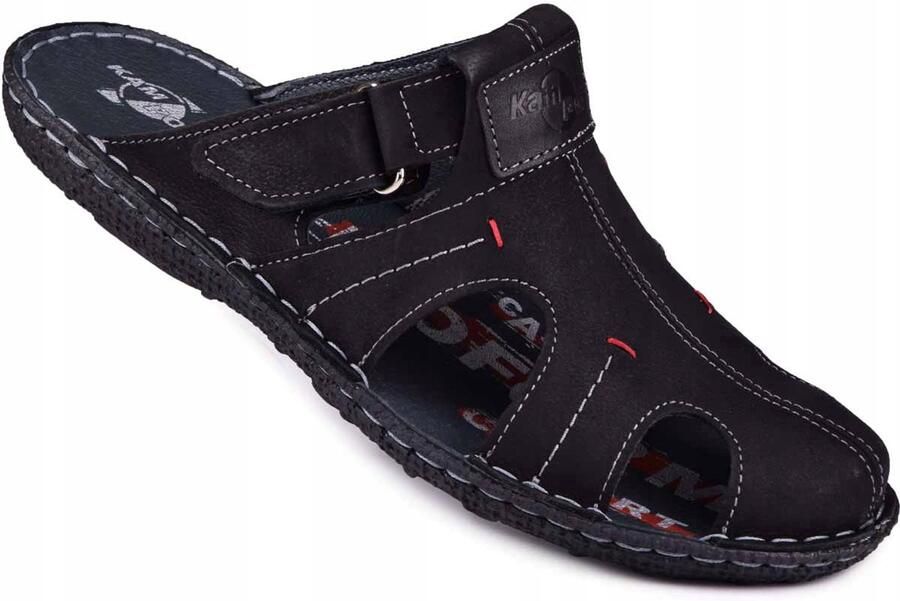 KAMPOL Heren Leren Pantoffels Zwart