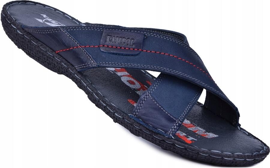 KAMPOL Heren Slippers Leer Navy Comfort & Kwaliteit
