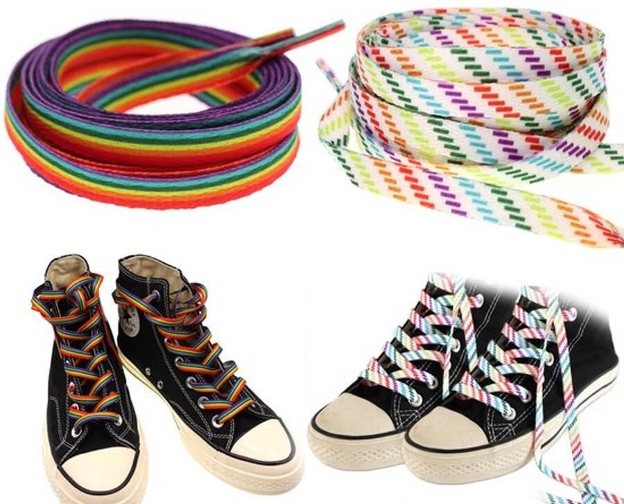 Karzo 2 Paar Kleurrijke Veters Platte Regenboog Veters voor Sportieve Casual Sneakers Modeaccessoires LGBTQ Veters voor Sportschoenen Hardloopschoenen Canvas Schoenen 140 regenboog