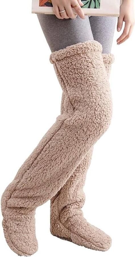 Karzo Pluche kniekousen pantoffels overknee sokken slaapsokken winter warm fleece overknee kousen lange beenwarmers sokken slippers huissokken vloersokken knuffelsokken voor herfst winter dames