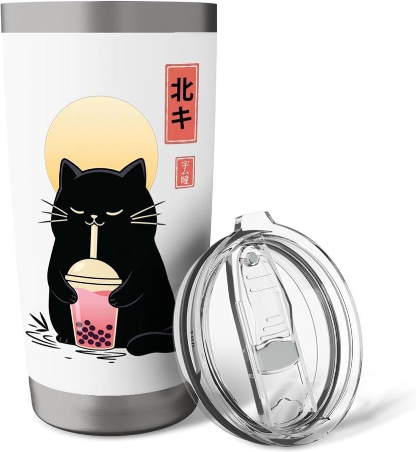 Kat drinkt bubbelthee Japanse boba dubbelwandige thermobeker