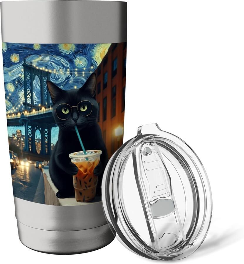 Kat drinkt ijskoffie Thermobeker met dubbele wand