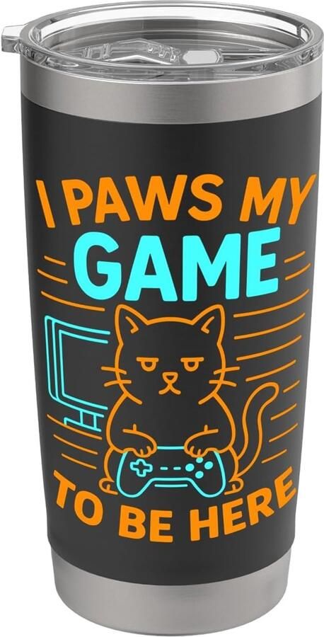 Kat gamer humor spel woordspel meme voor kattenliefhebbers dubbelwandige thermobeker