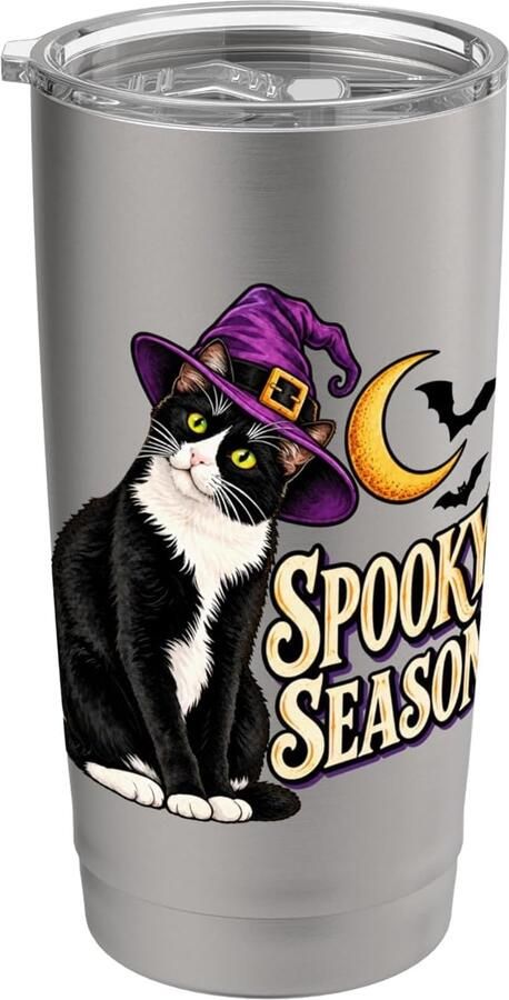 Kat Halloween kostuum met grieze pompoenen dubbelwandige thermobeker