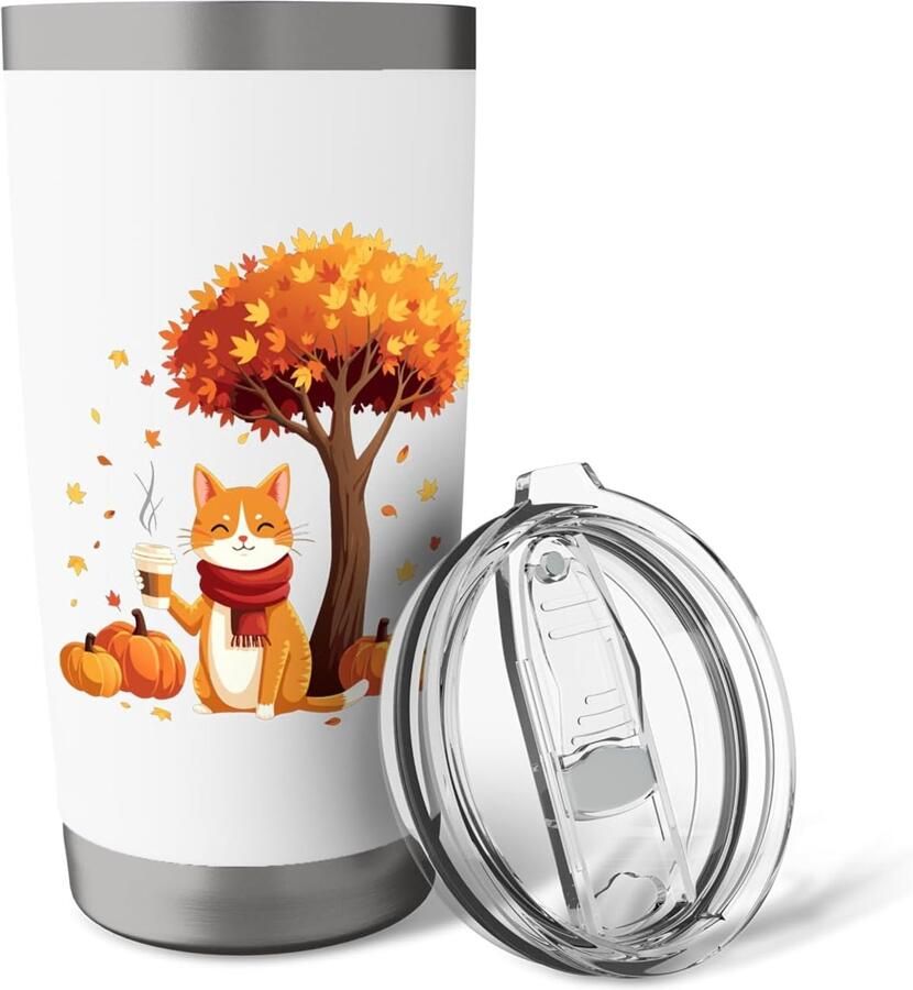 Kat met koffie- en herfstbladeren voor kattenliefhebbers dubbelwandige thermosbeker
