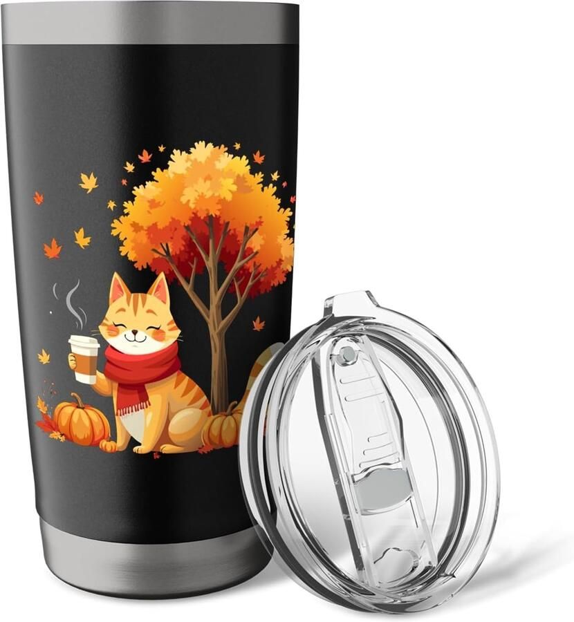 Kat met koffie- en herfstbladeren voor kattenliefhebbers dubbelwandige thermosbeker