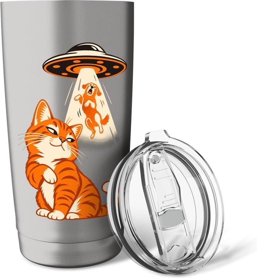 Kat selfie alien UFO hond ontvoering humor thermobeker