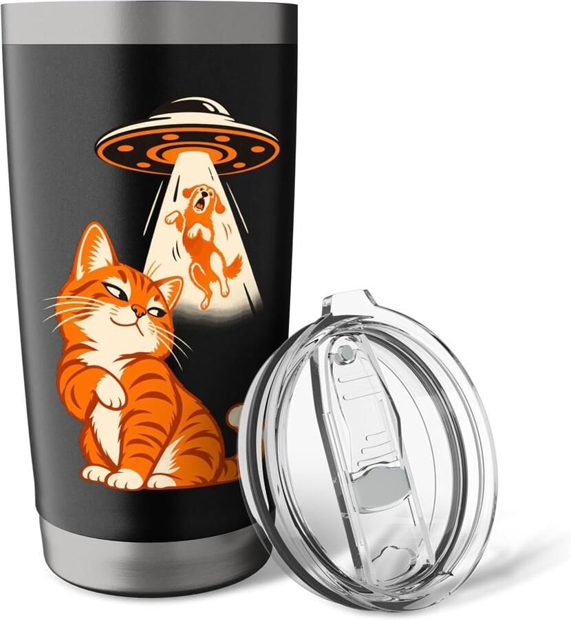 Kat selfie buitenaards wezen ufo hond ontvoering humor thermobeker