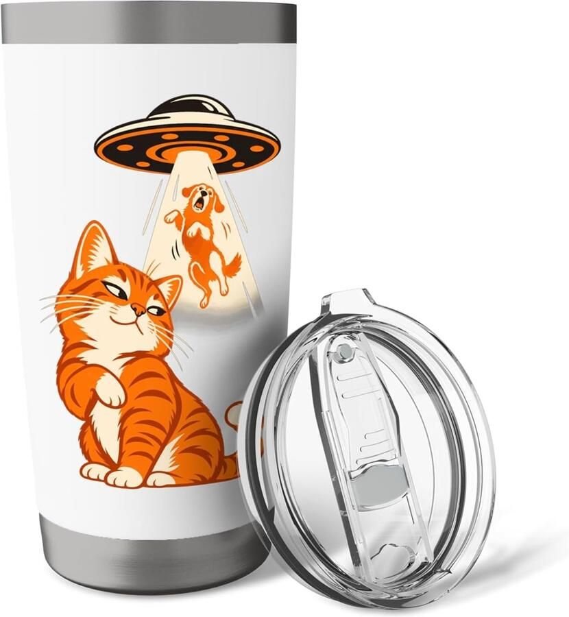 Kat selfie buitenaards wezen ufo hond ontvoering humor thermobeker