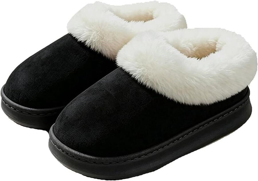 Katoenen slippers Damesslippers Pluche slippers Korte slippers Fleece gevoerd Laarzenmodel Warm en zacht Geschikt voor binnen in de winter Zwart